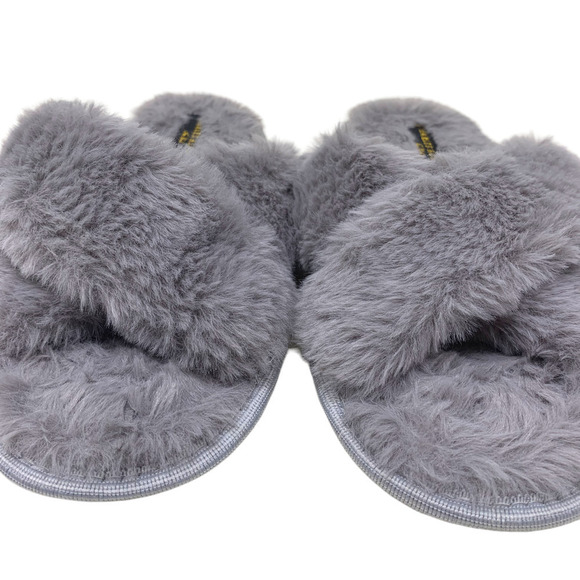 Charles Albert Sz M 7-8 Fluffy Faux Fur Criss Cross Scuffs Slippers House Shoes - Picture 2 of 5